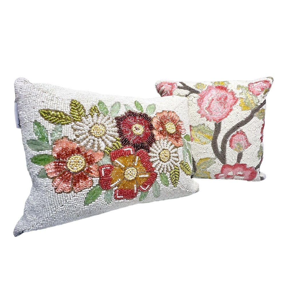 2 Hand beaded Floral Accent Pillows by Primrose Vintage